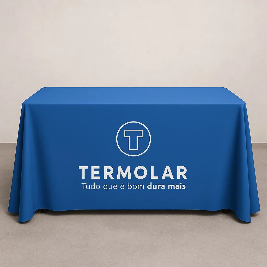 Toalha de mesa personalizada azul com a logo Termolar