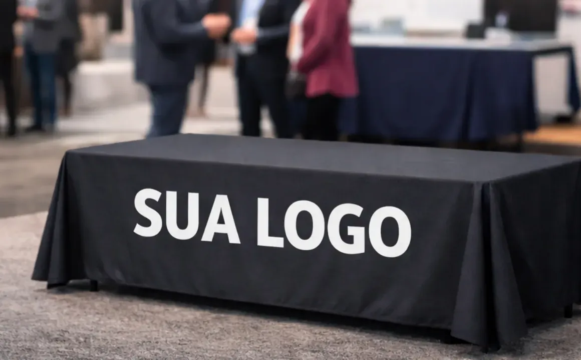 Toalha de mesa personalizada com logo em estande de feira